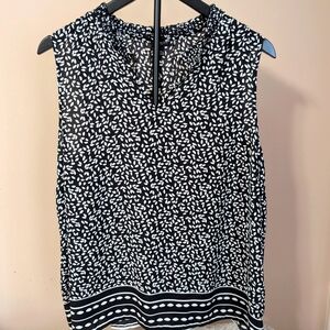 Talbots Women's Black and White Leaf Design Ruched Top Sleeveless Blouse Size XL